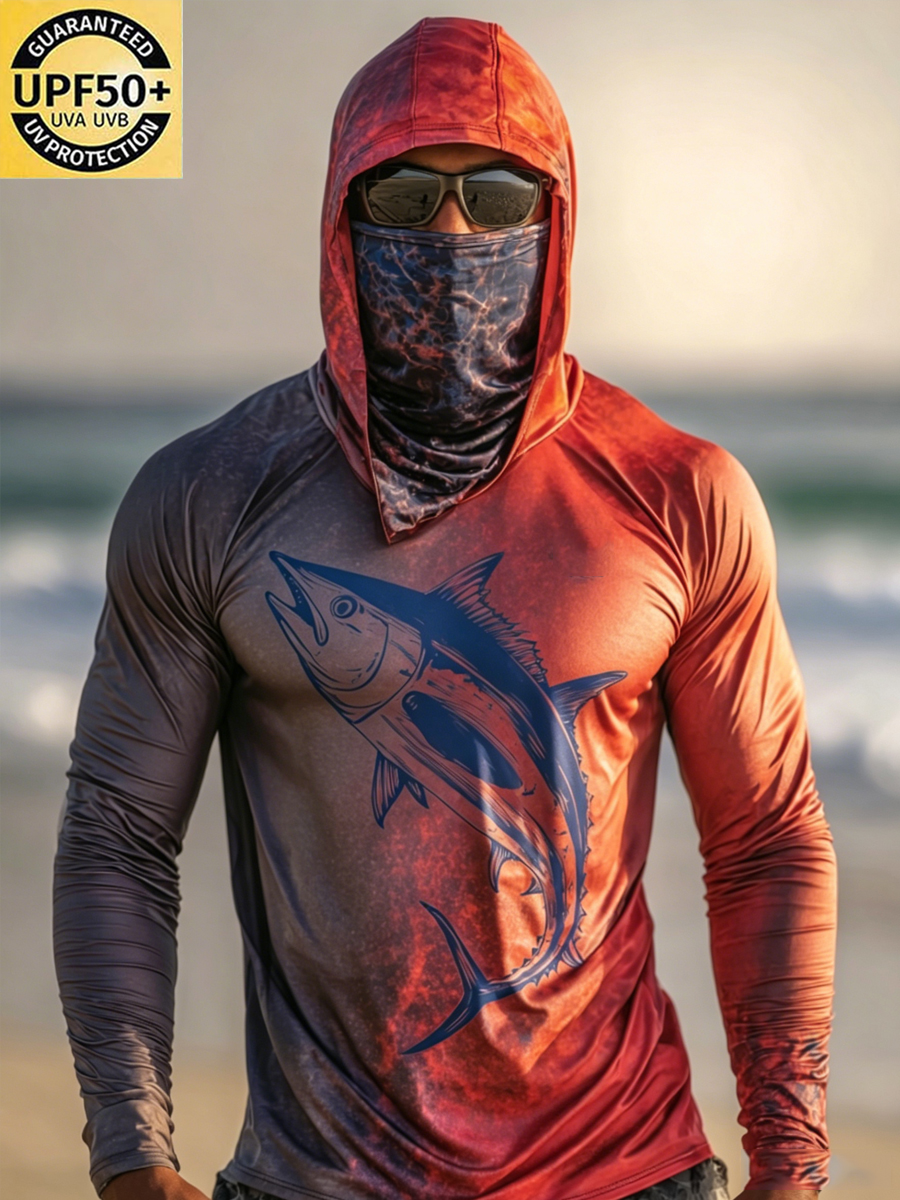 Men's Tuna Fish Gradient Print Breathable Long-Sleeved Hooded Sun Protection Shirt-SunSeaUp