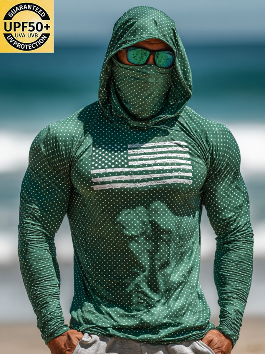 Men's Polka Dot Flag Print Breathable Long-Sleeved Hooded Sun Protection Shirt-SunSeaUp