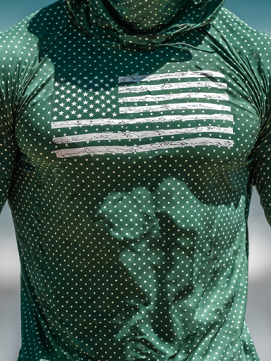 Men's Polka Dot Flag Print Breathable Long-Sleeved Hooded Sun Protection Shirt-SunSeaUp