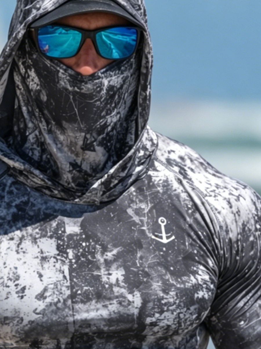 Men's Faded Gray Camouflage Print Breathable Long-Sleeved Hooded Sun Protection Shirt-SunSeaUp