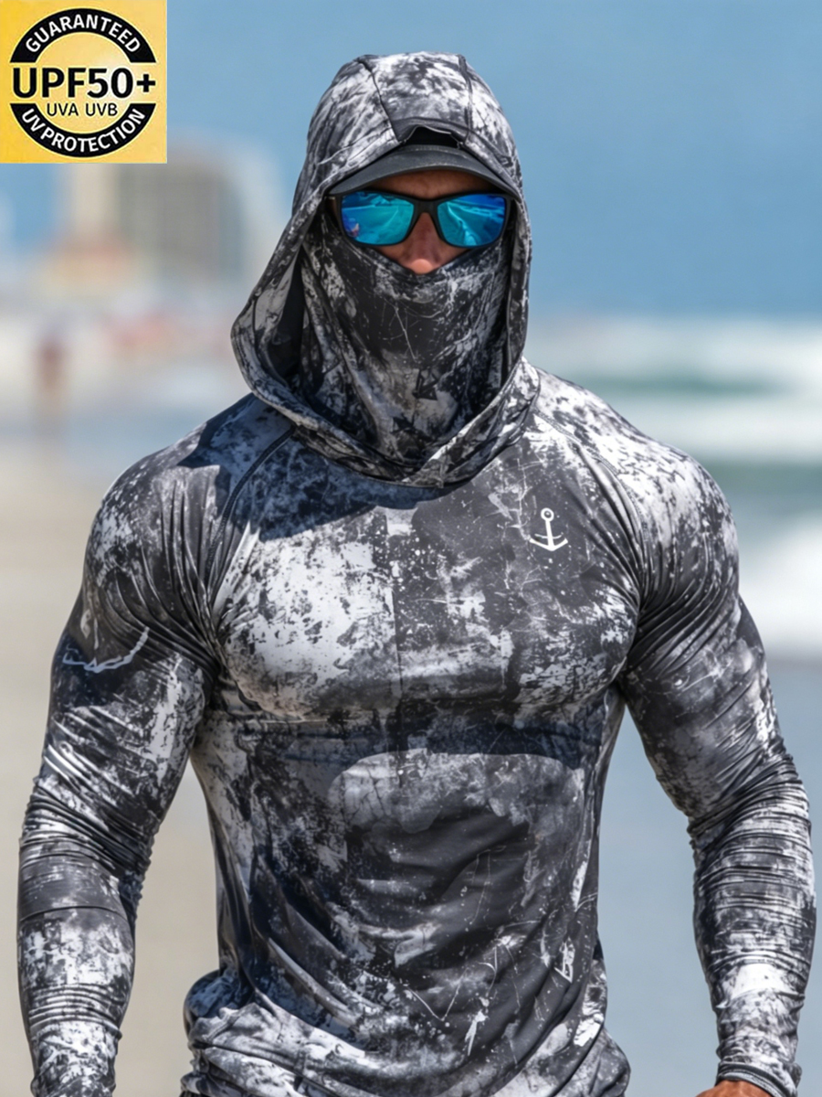 Men's Faded Gray Camouflage Print Breathable Long-Sleeved Hooded Sun Protection Shirt-SunSeaUp