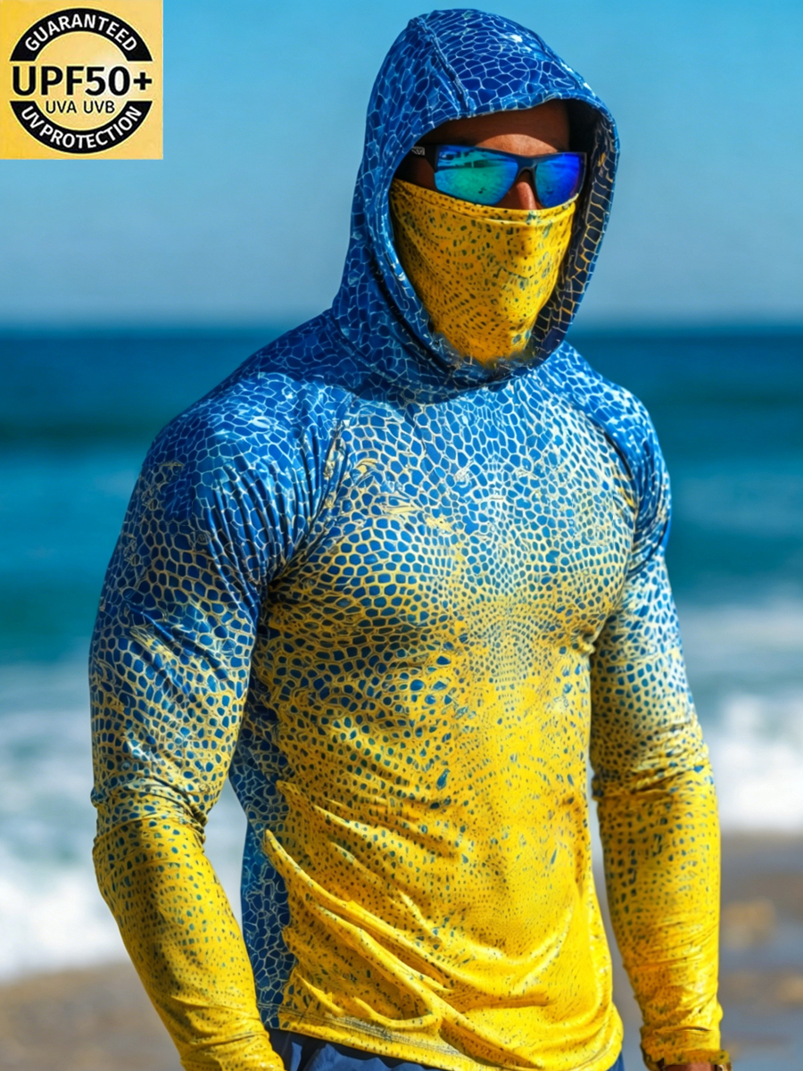Men's Tropical Scale Pattern Print Breathable Long-Sleeved Hooded Sun Protection Shirt-SunSeaUp
