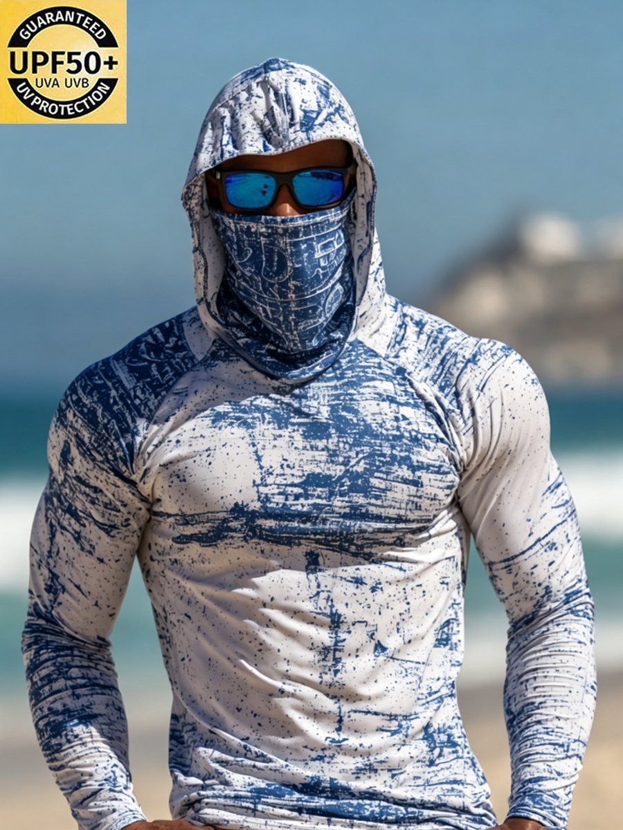 Men's Faded Blue Nautical Chart Print Breathable Long-Sleeved Hooded Sun Protection Shirt-SunSeaUp