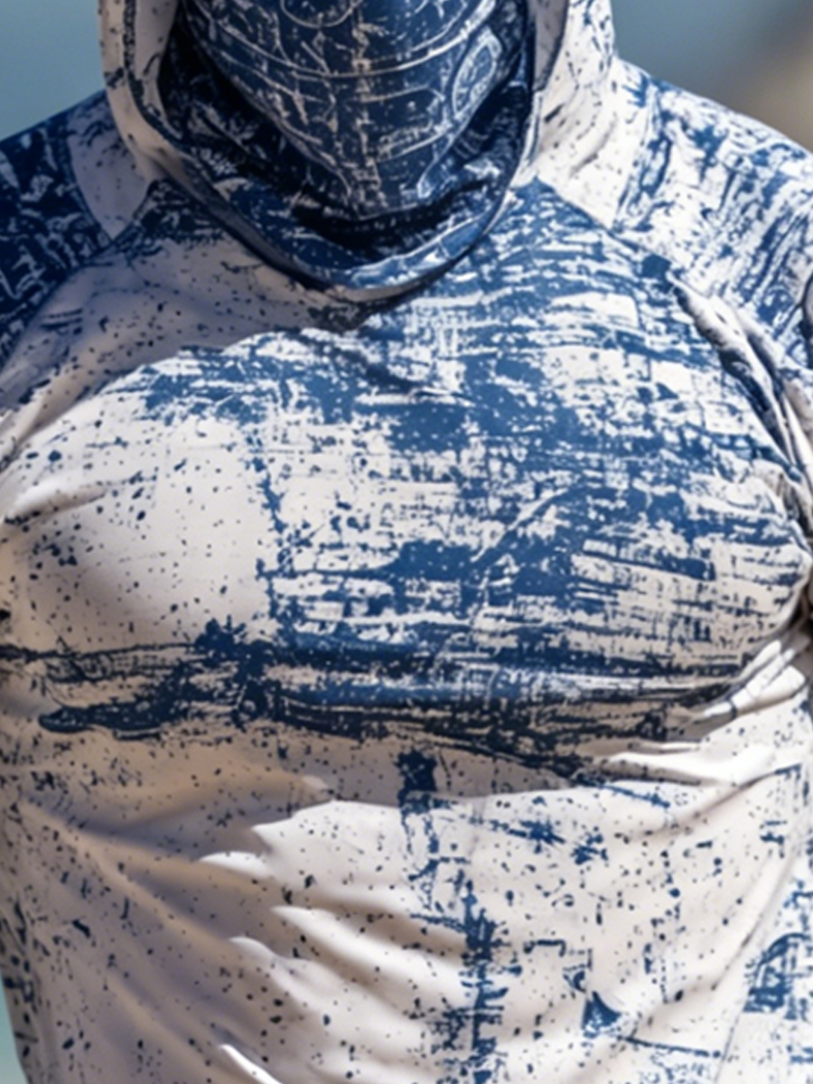 Men's Faded Blue Nautical Chart Print Breathable Long-Sleeved Hooded Sun Protection Shirt-SunSeaUp