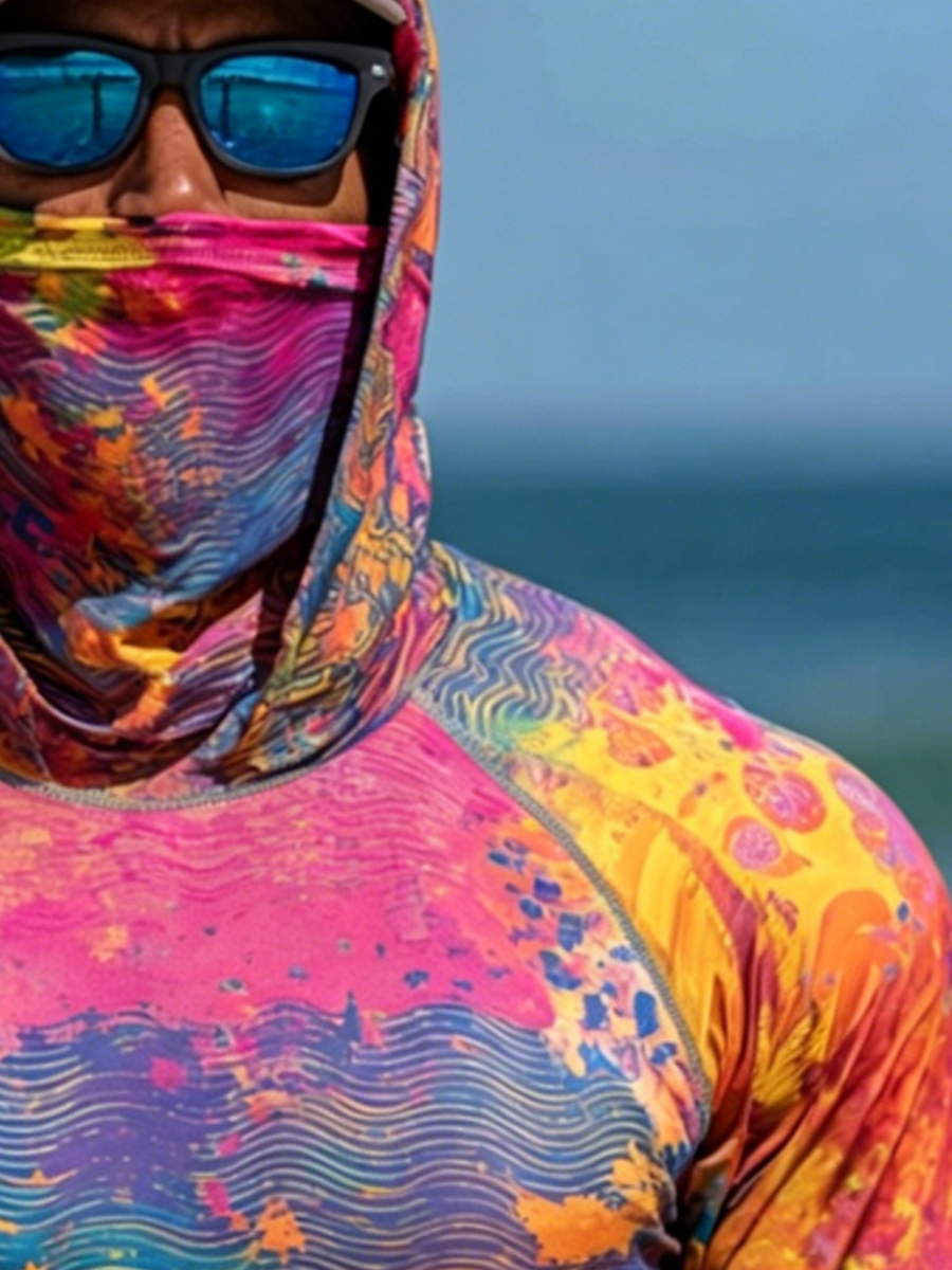 Men's Rainbow Watercolor Wave Print Breathable Long-Sleeved Hooded Sun Protection Shirt-SunSeaUp