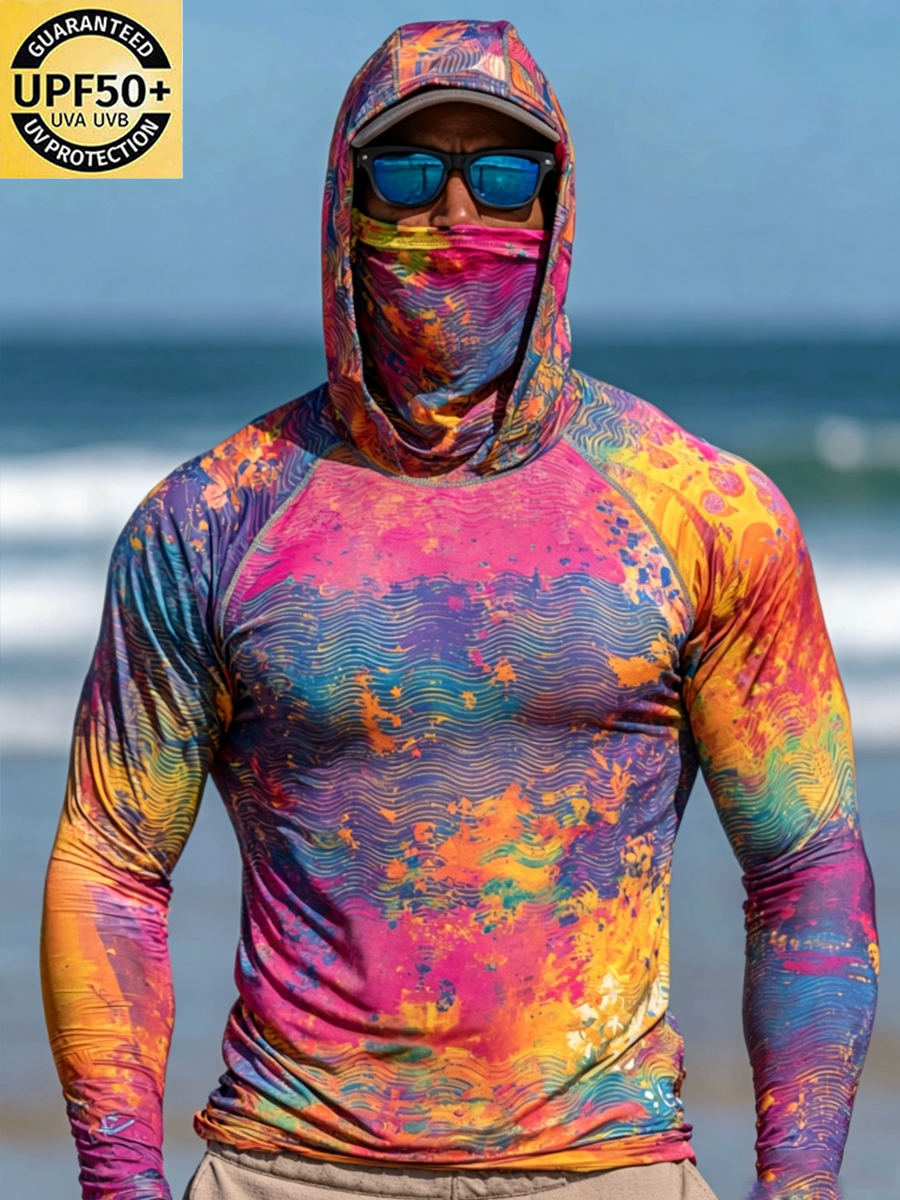 Men's Rainbow Watercolor Wave Print Breathable Long-Sleeved Hooded Sun Protection Shirt-SunSeaUp