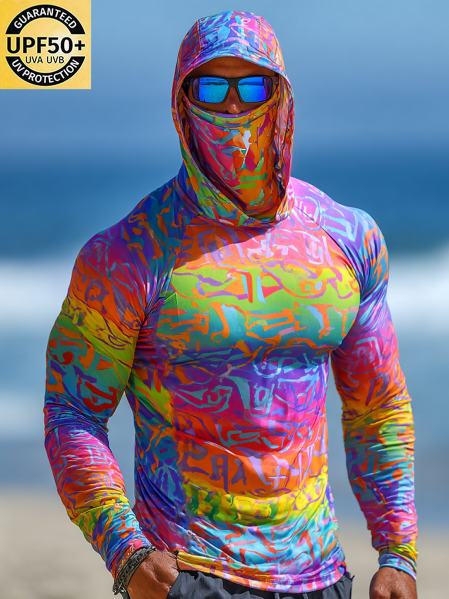 Men's Abstract Color Block Print Breathable Long-Sleeved Hooded Sun Protection Shirt-SunSeaUp