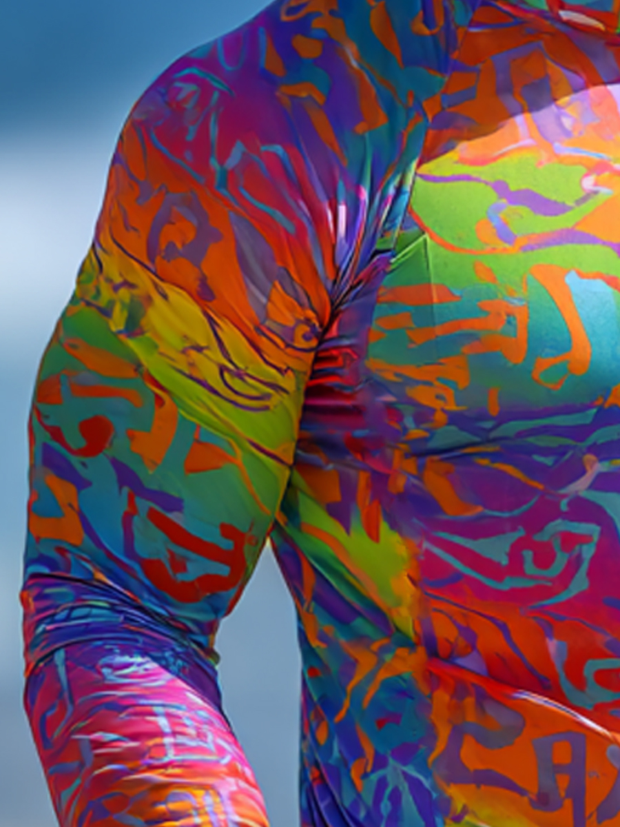 Men's Abstract Color Block Print Breathable Long-Sleeved Hooded Sun Protection Shirt-SunSeaUp