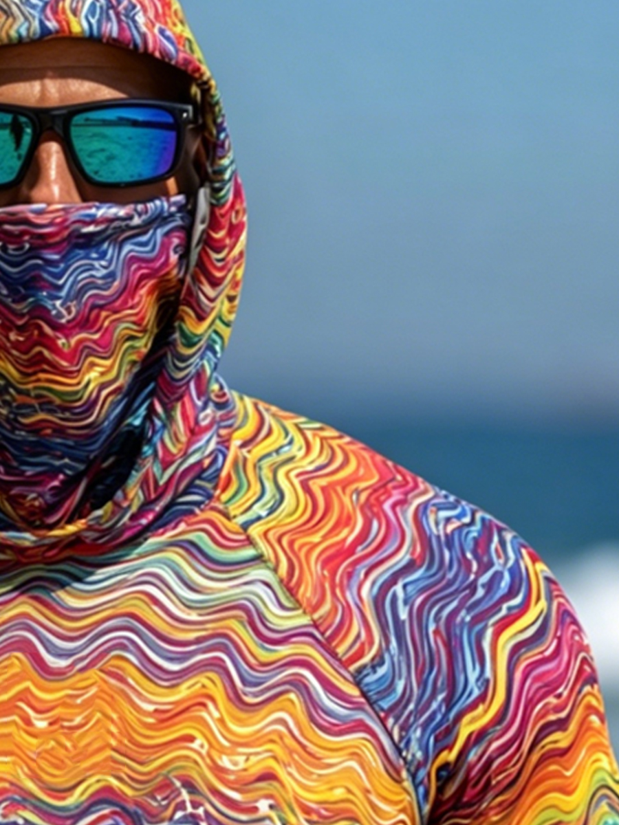 Men's Psychedelic Rainbow Wave Print Breathable Long-Sleeved Hooded Sun Protection Shirt-SunSeaUp