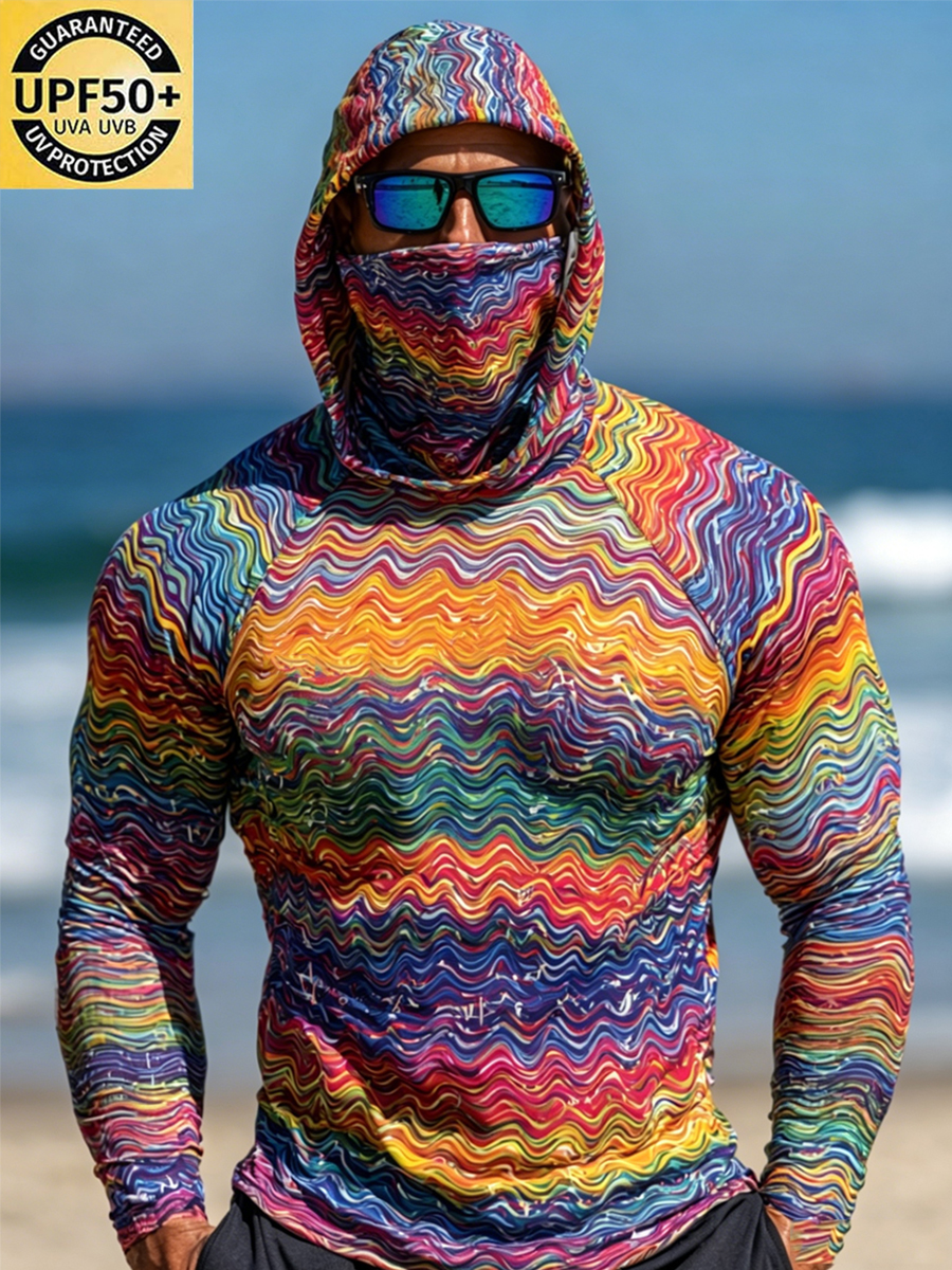 Men's Psychedelic Rainbow Wave Print Breathable Long-Sleeved Hooded Sun Protection Shirt-SunSeaUp