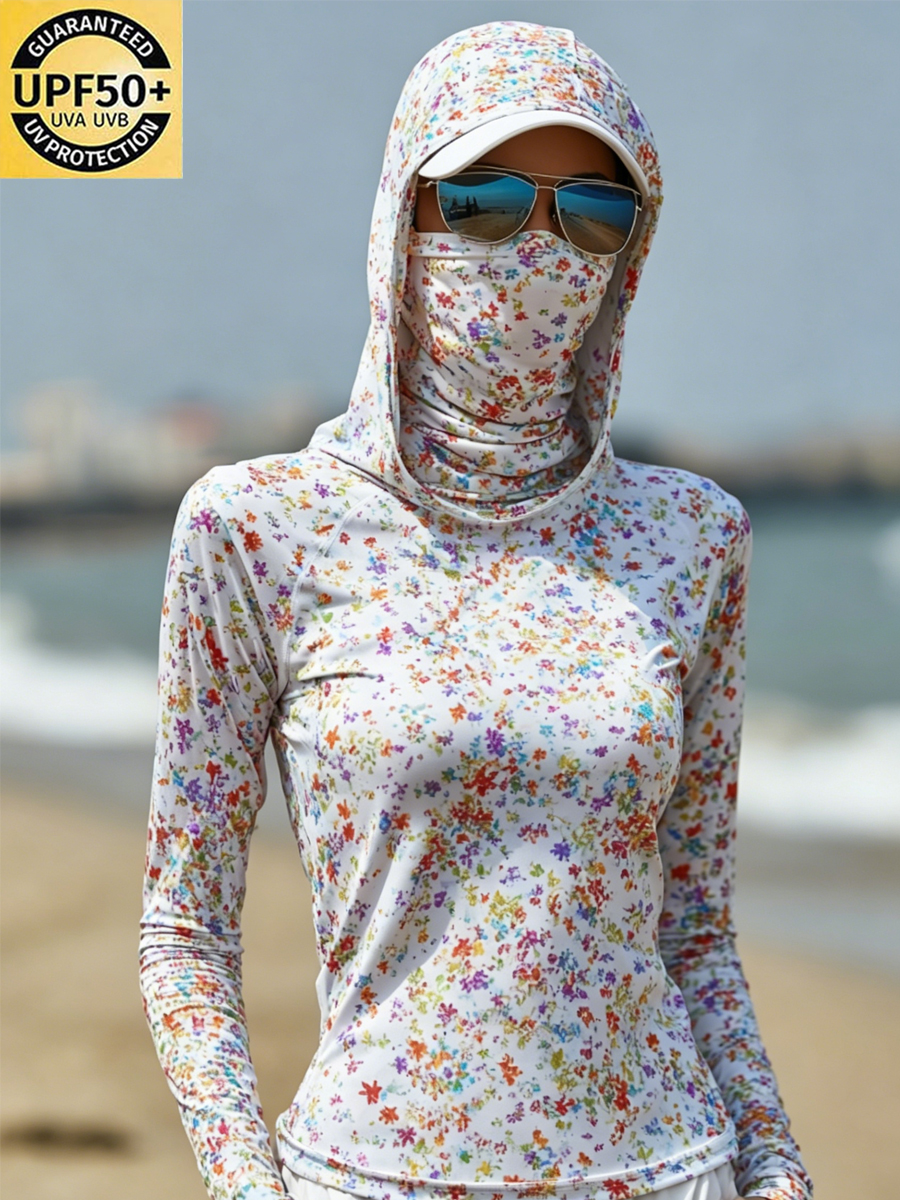 Women's Ditsy Floral Print Cool Breathable Sun Protection Hoodie-SunSeaUp