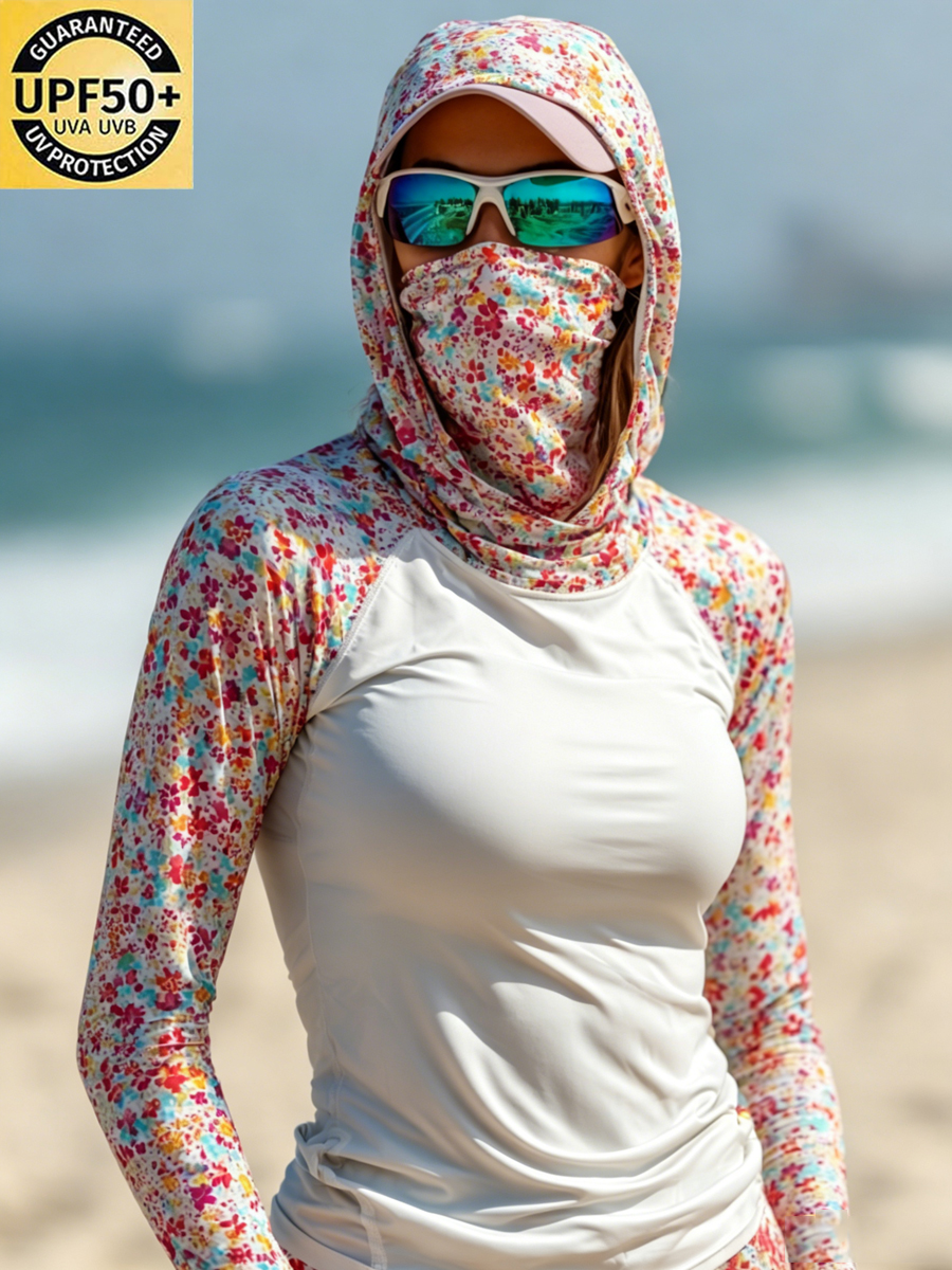 Women's Half-Solid Half-Floral Print Cool Breathable Sun Protection Hoodie-SunSeaUp