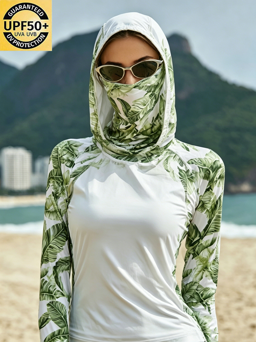 Women's Tropical Banana Leaf Print Cool Breathable Sun Protection Hoodie-SunSeaUp