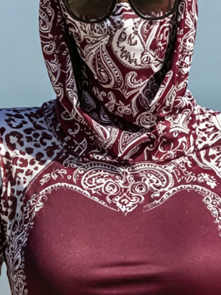 Women's Burgundy Paisley Trim Print Cool Breathable Sun Protection Hoodie-SunSeaUp