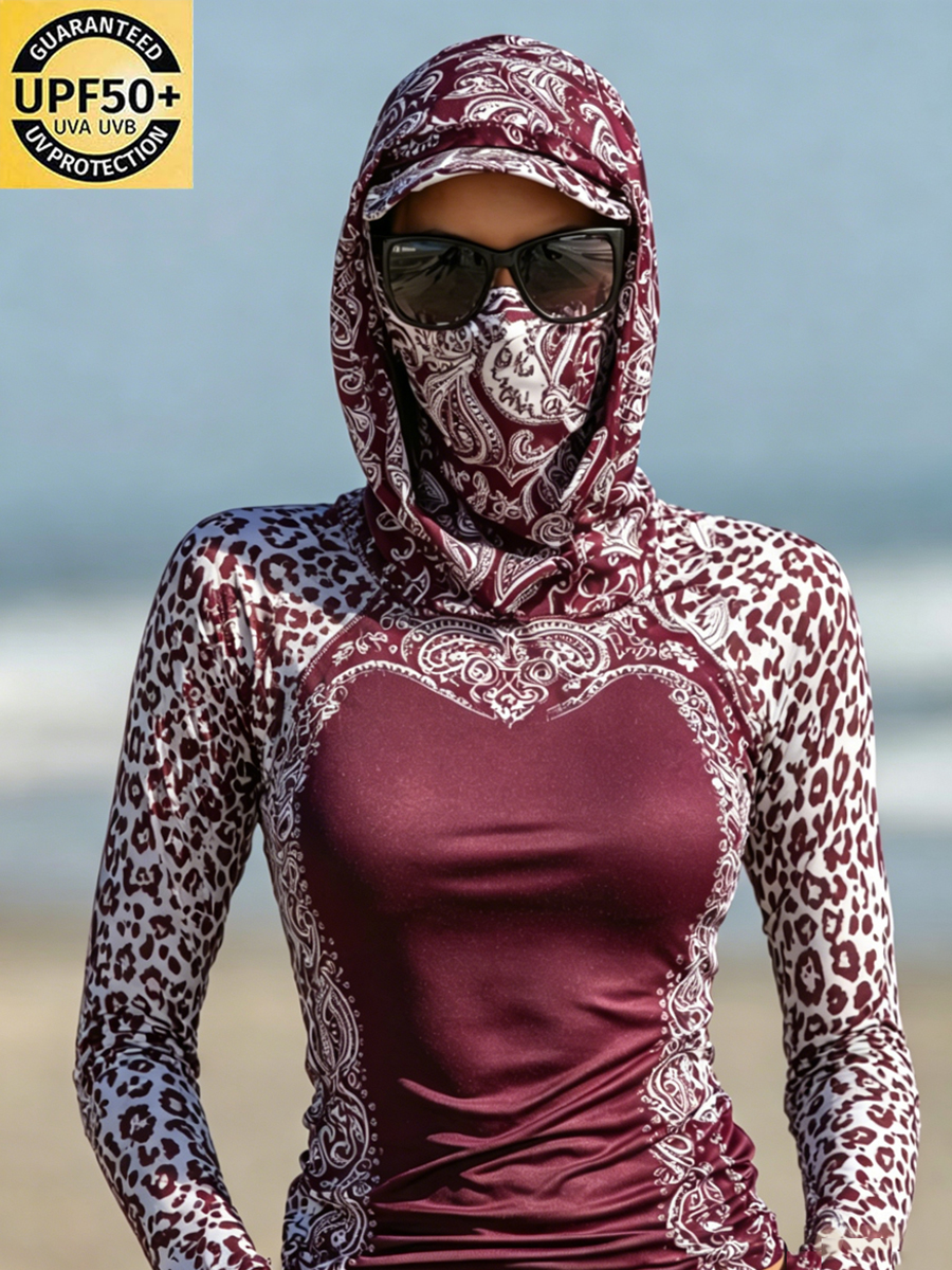Women's Burgundy Paisley Trim Print Cool Breathable Sun Protection Hoodie-SunSeaUp
