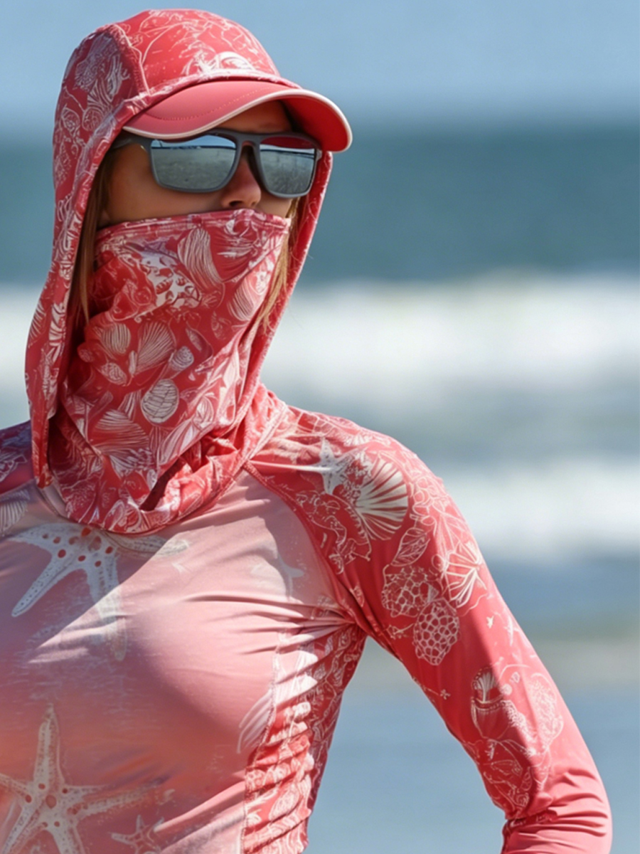 Women's Pink White Marine Life Print Cool Breathable Sun Protection Hoodie-SunSeaUp