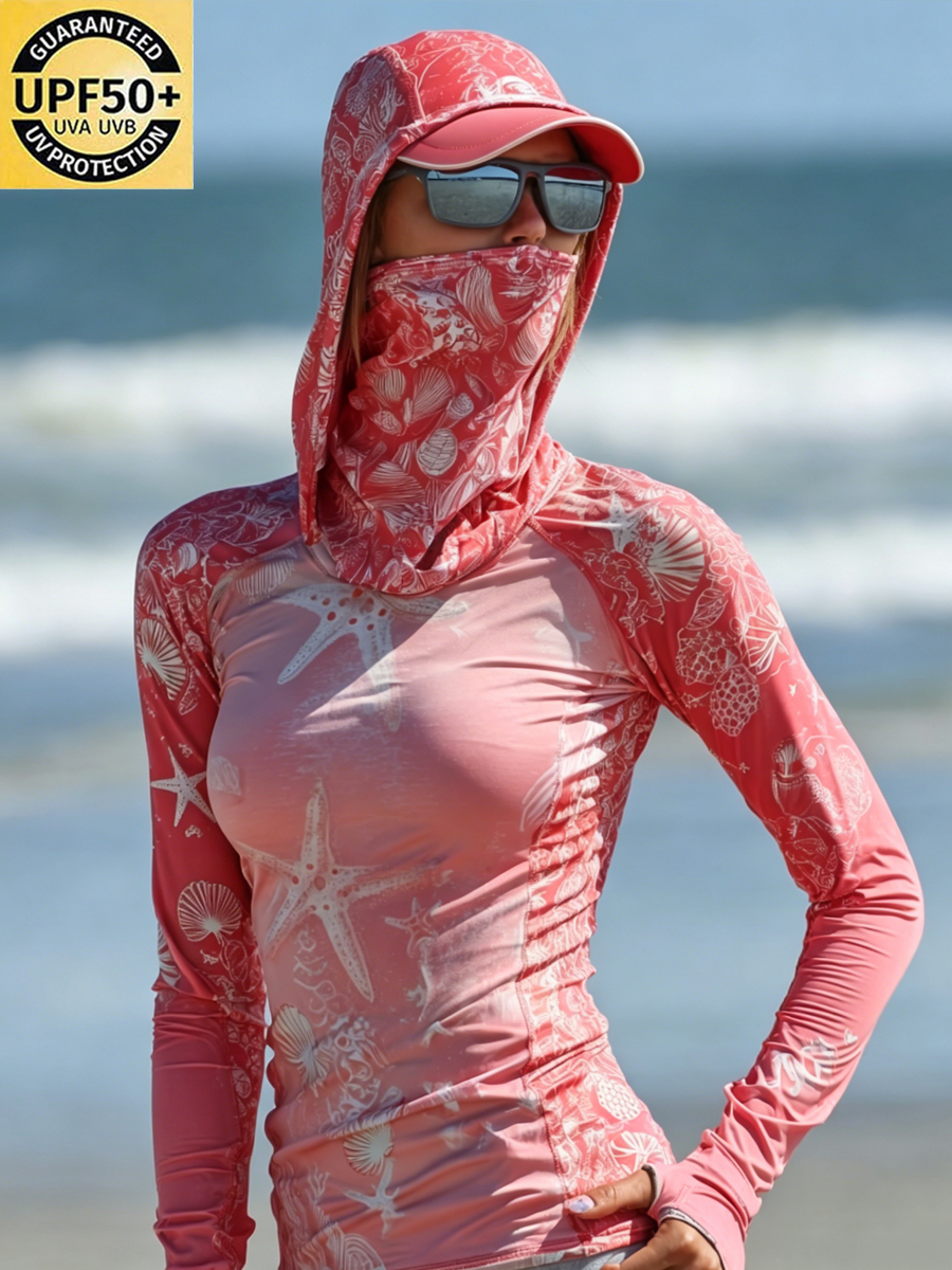 Women's Pink White Marine Life Print Cool Breathable Sun Protection Hoodie-SunSeaUp