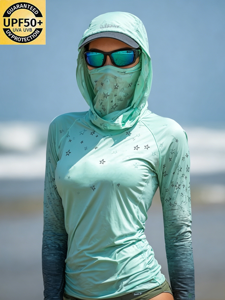 Women's Mint Green Star Print Cool Breathable Sun Protection Hoodie-SunSeaUp