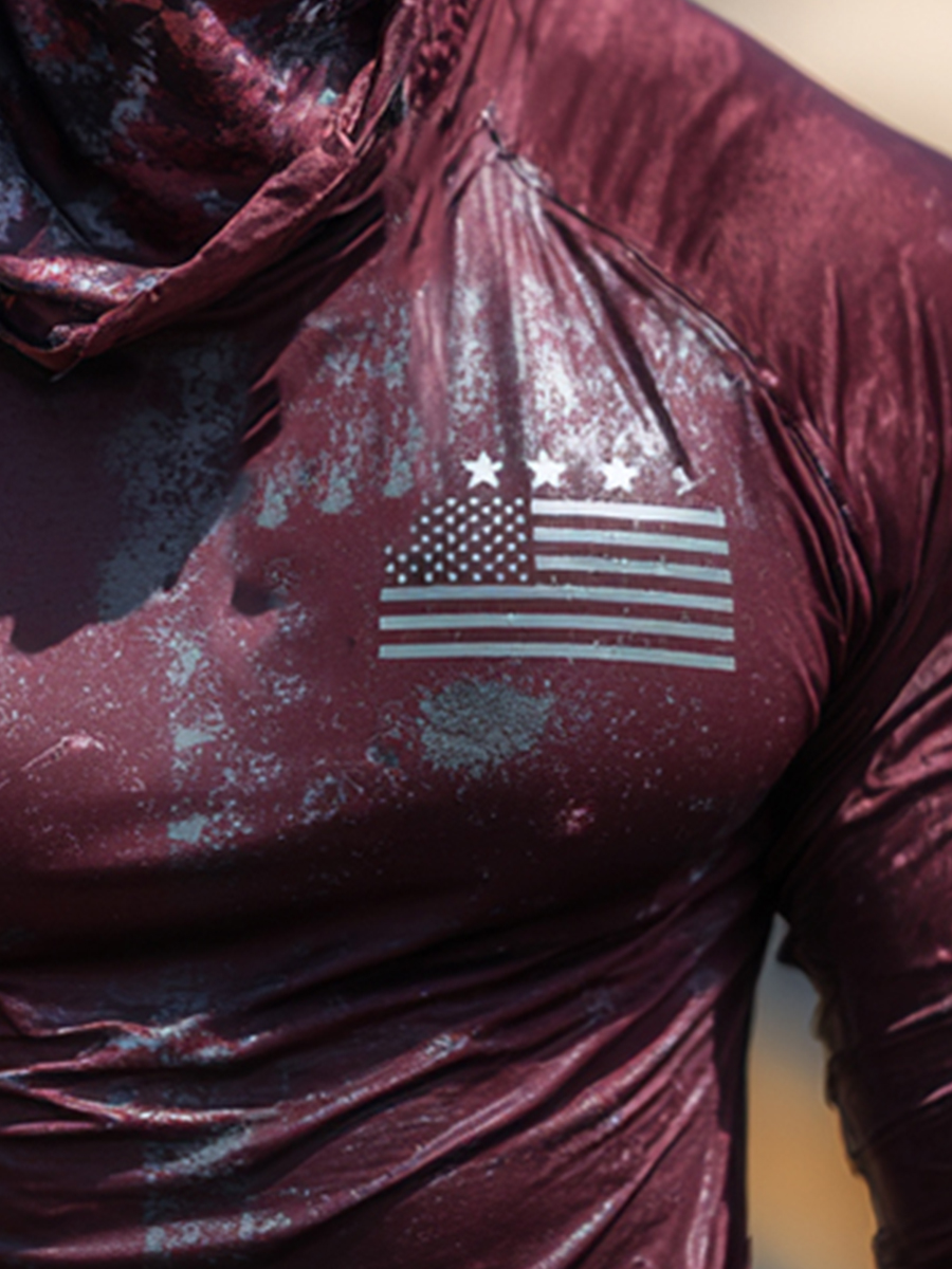 Men's "Maroon Vintage American Flag" Print Cool Breathable Hooded-SunSeaUp
