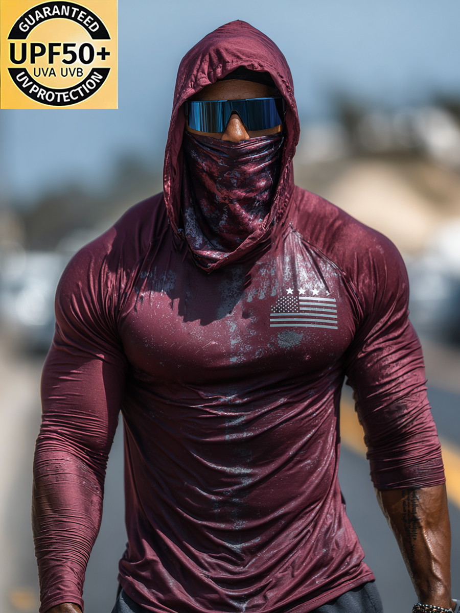 Men's "Maroon Vintage American Flag" Print Cool Breathable Hooded-SunSeaUp