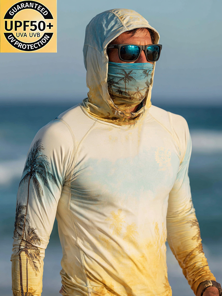 Men's "Sky Blue to Yellow Gradient Palm Tree" Print Cool Breathable Hooded-SunSeaUp