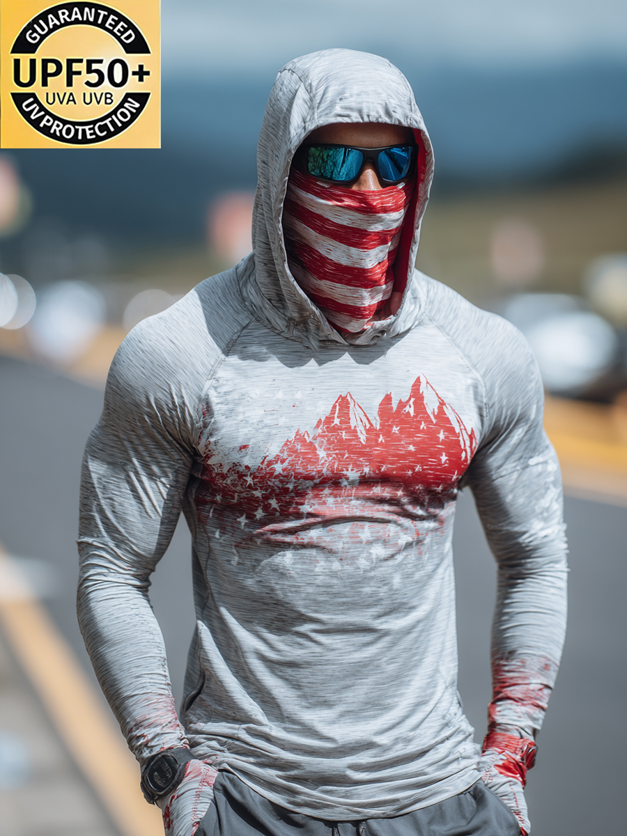 Men's "Heather Grey American Flag Mountain" Print Cool Breathable Hooded-SunSeaUp