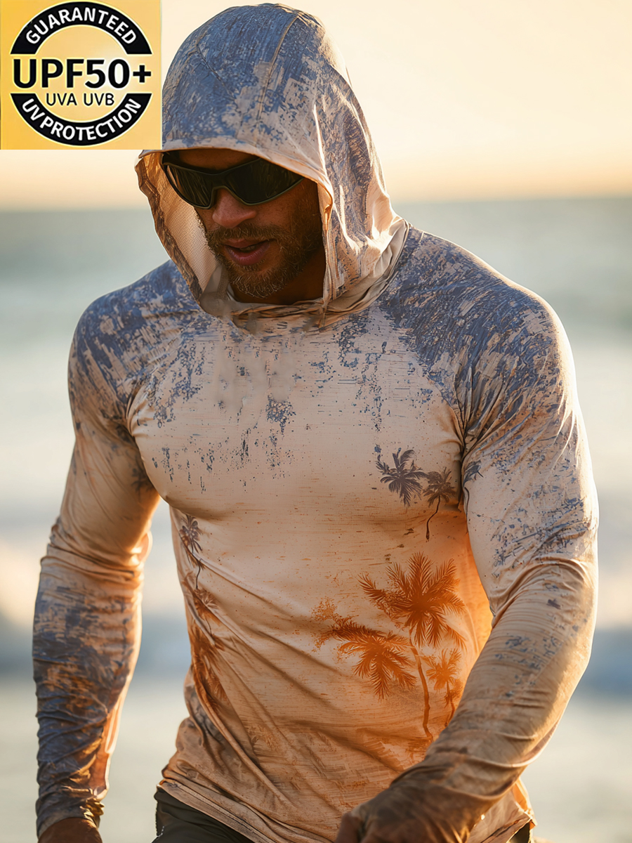 Men's "Sunset Ombre Distressed Palm Tree" Print Cool Breathable Hooded-SunSeaUp