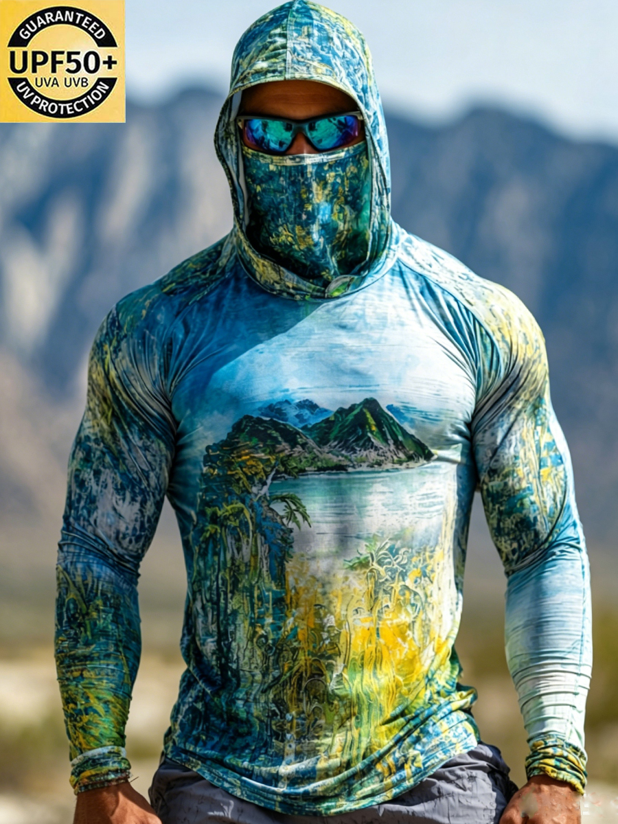 Men'S UPF 50+ Sun Protection Hoodie - Jungle And Landscape Art Print Sun Protection Clothing-SunSeaUp