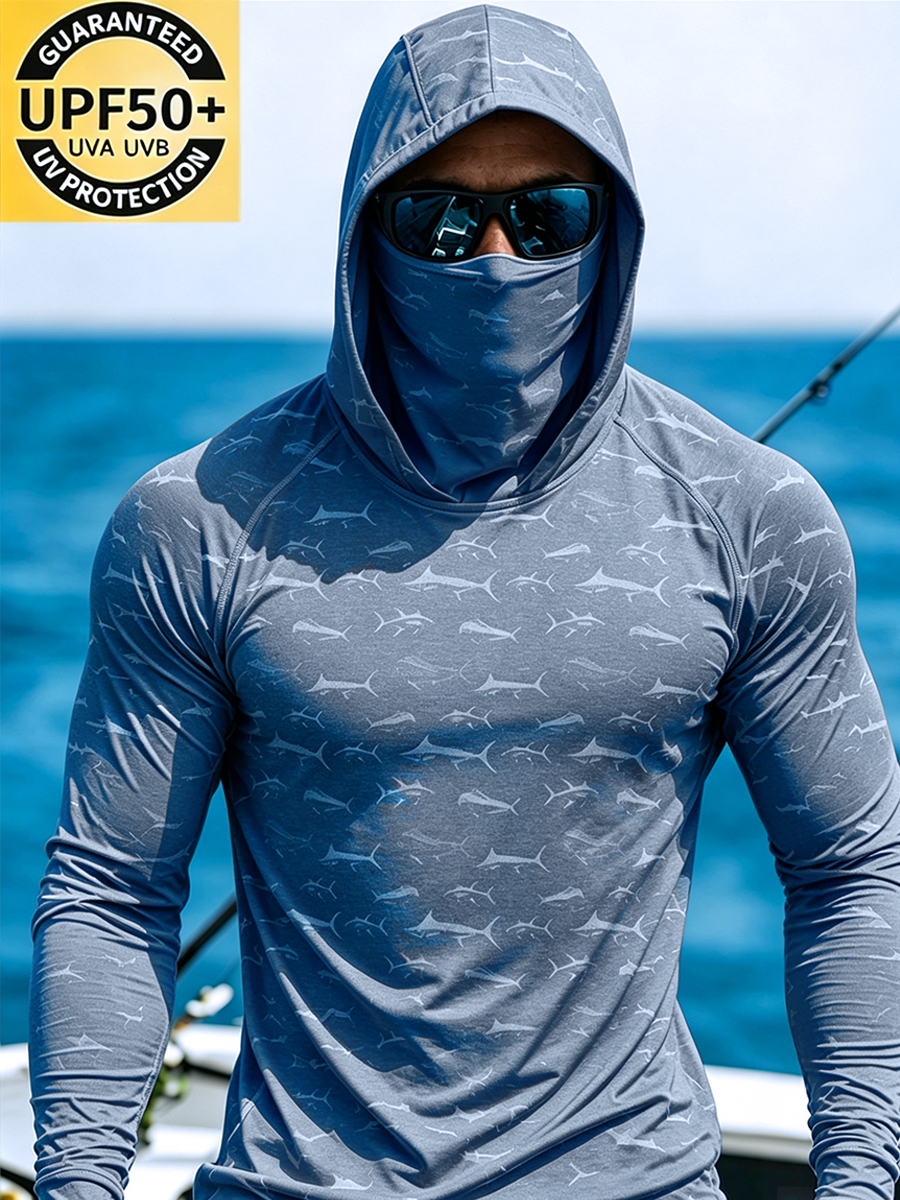 Men's "Grey Blue Marlin Fish" Print Cool Breathable Hooded-SunSeaUp