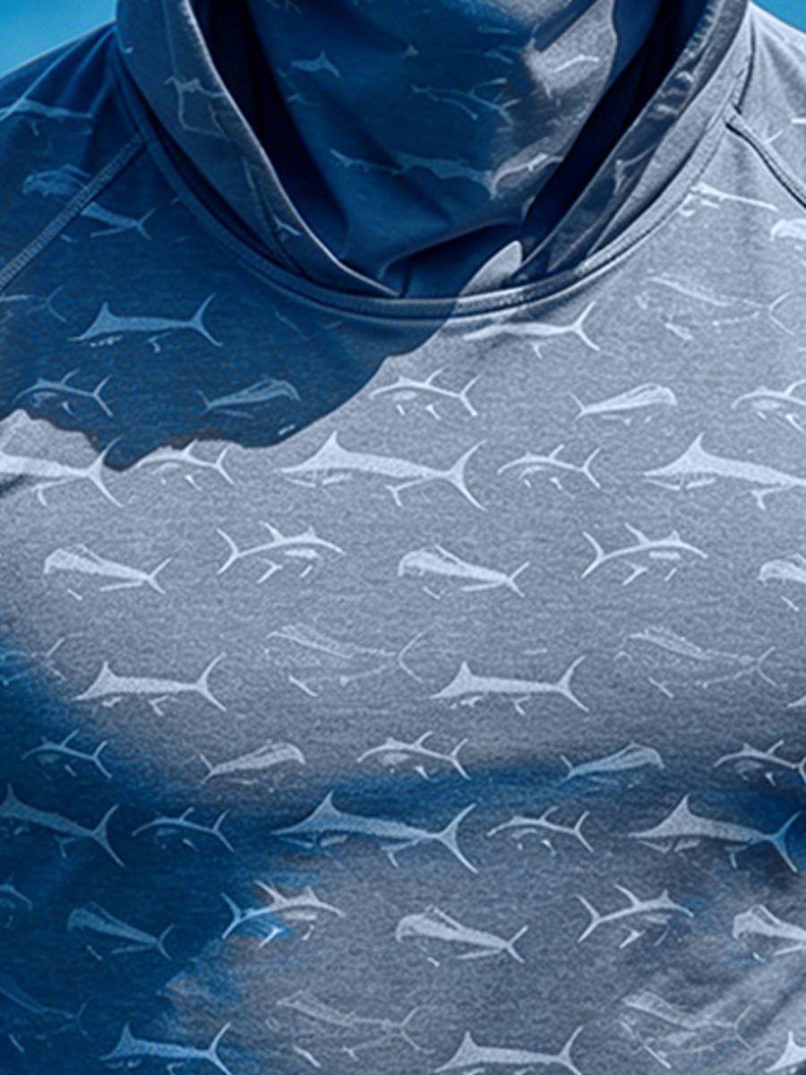 Men's "Grey Blue Marlin Fish" Print Cool Breathable Hooded-SunSeaUp