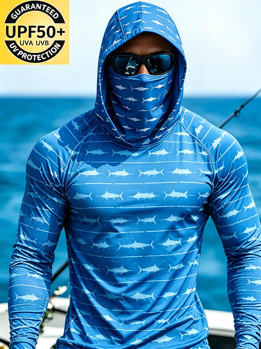 Men's All-Over Marlin Stripe Pattern Ultra-Cool Breathable Hooded-SunSeaUp