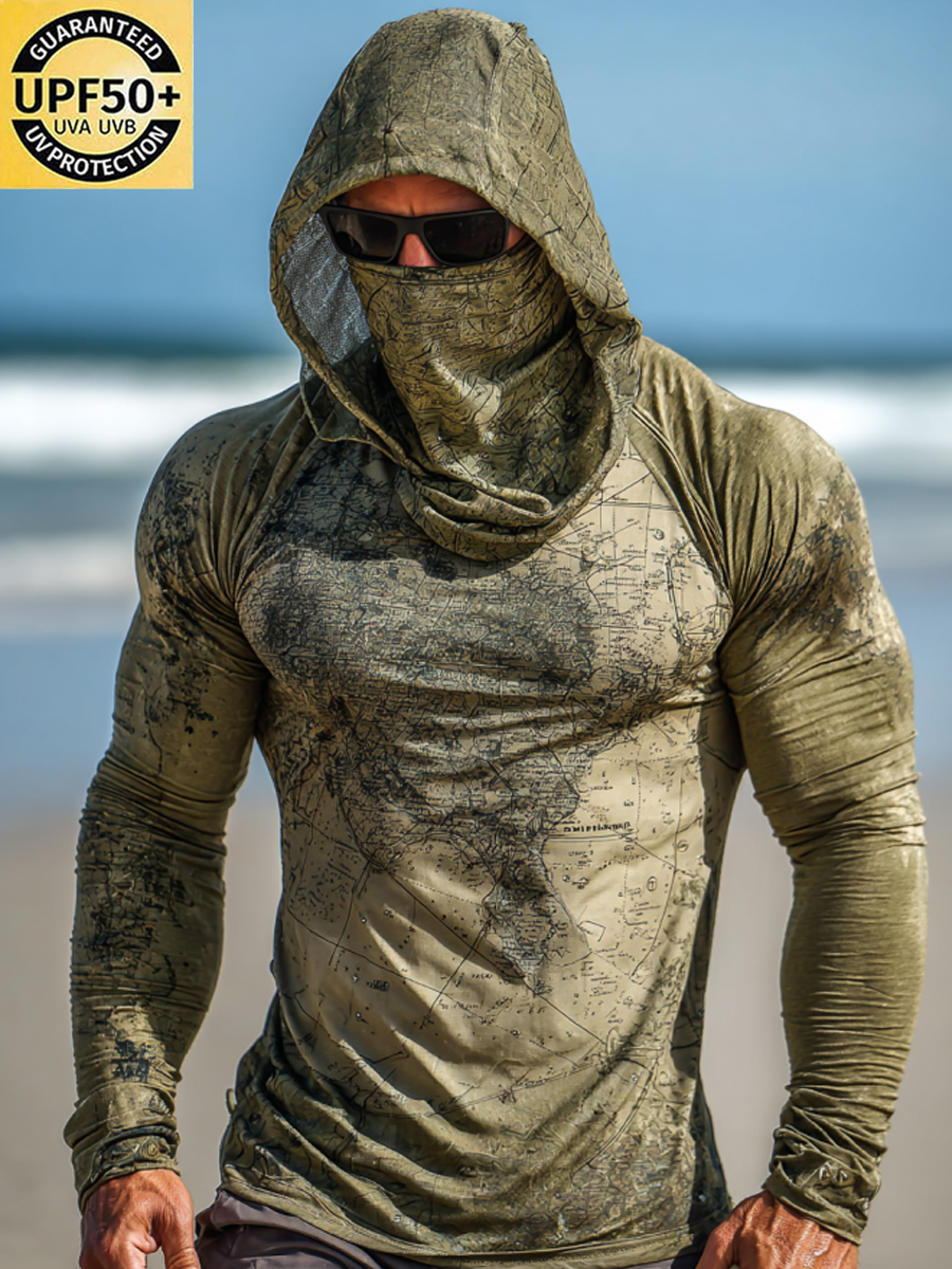Men'S UPF 50+ Sun Protection Fishing Hoodie With Built-In Face Mask - Military Green Line Drawing Print - Quick-Drying High-Performance Sun Protection Hoodie-SunSeaUp