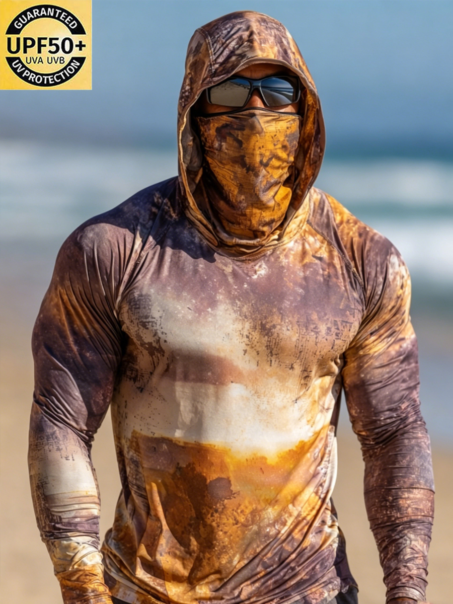 Men's UPF 50+ Sun Protection Fishing Hoodie with Built-in Face Mask - Vintage Distressed Colorful Pattern Print - Quick-Drying High-Performance Sun Protection Hoodie-SunSeaUp