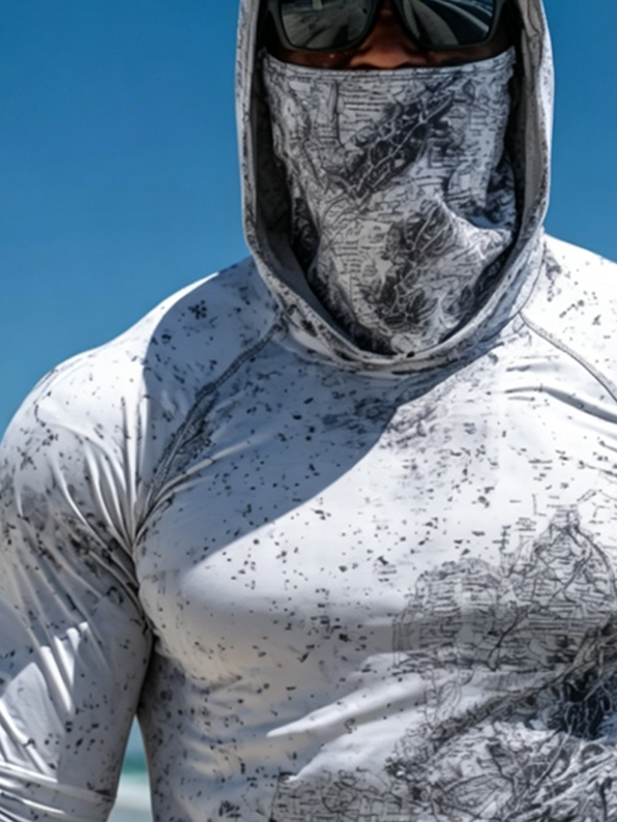 Men'S UPF 50+ Sun Protection Fishing Hoodie With Built-In Face Mask - Black And White Line Drawing Print - Quick-Drying High-Performance Sun Protection Hoodie-SunSeaUp
