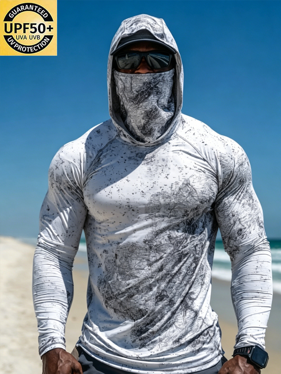 Men'S UPF 50+ Sun Protection Fishing Hoodie With Built-In Face Mask - Black And White Line Drawing Print - Quick-Drying High-Performance Sun Protection Hoodie-SunSeaUp