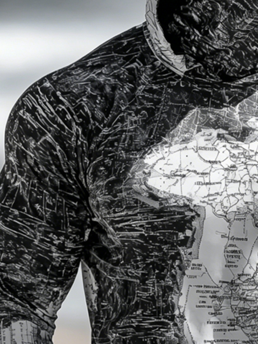 Men's UPF 50+ Sun Protection Fishing Hoodie with Built-in Face Mask - Black and White Map Print - Quick-Drying High-Performance Sun Protection Hoodie-SunSeaUp