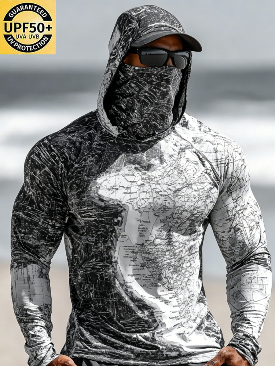 Men's UPF 50+ Sun Protection Fishing Hoodie with Built-in Face Mask - Black and White Map Print - Quick-Drying High-Performance Sun Protection Hoodie-SunSeaUp