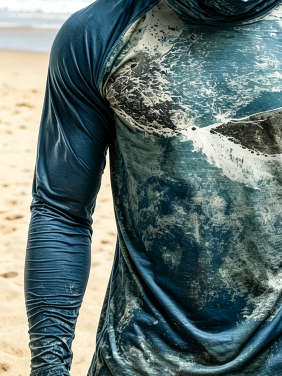 Men'S UPF 50+ Sun Protection Fishing Hoodie With Built-In Face Mask - Beach Landscape Print - Quick-Drying High-Performance Sun Protection Hoodie-SunSeaUp