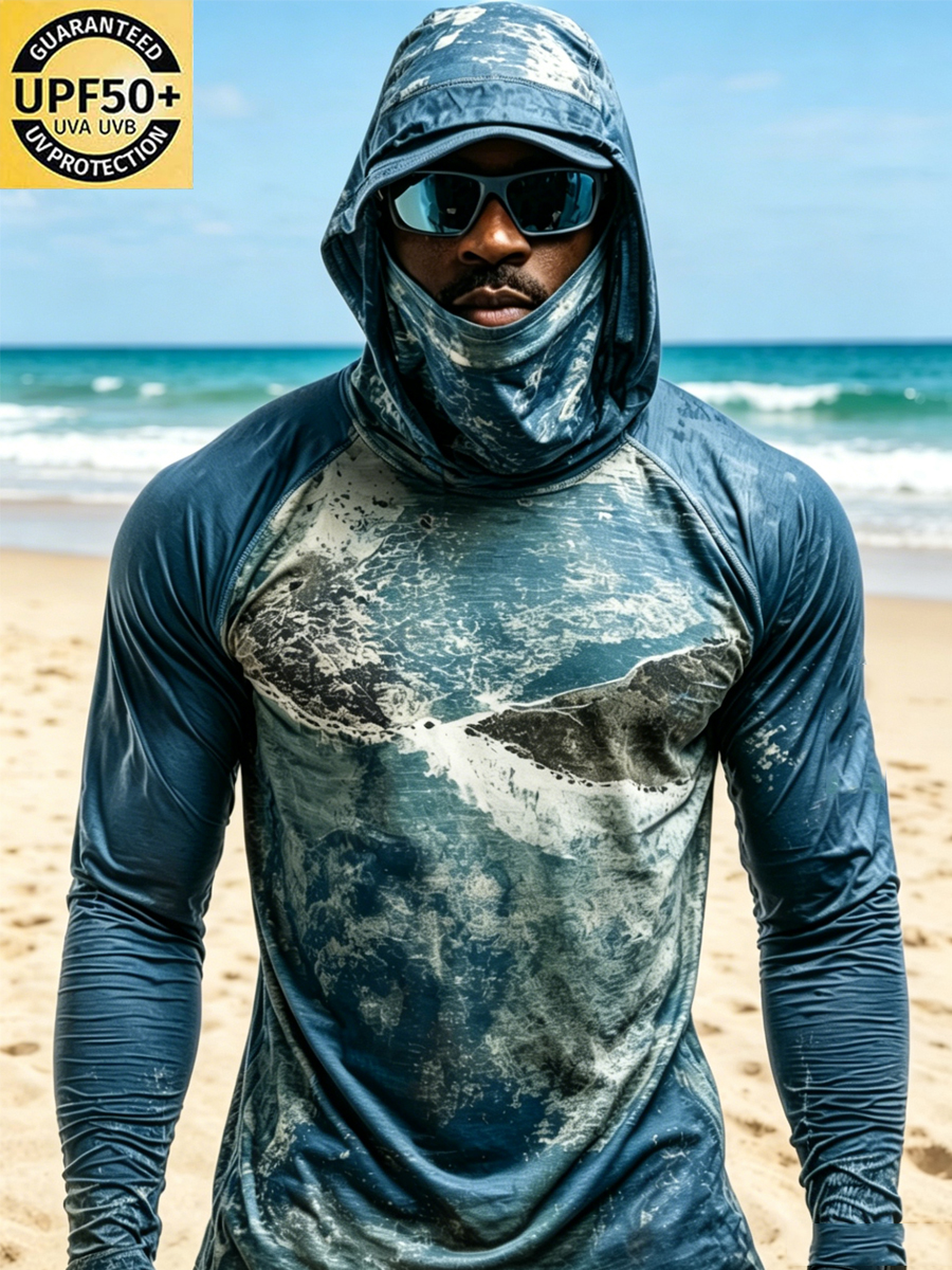 Men'S UPF 50+ Sun Protection Fishing Hoodie With Built-In Face Mask - Beach Landscape Print - Quick-Drying High-Performance Sun Protection Hoodie-SunSeaUp