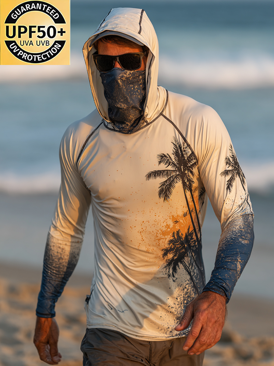 Men's "Beige to Blue Gradient Palm Tree" Print Cool Breathable Hooded-SunSeaUp