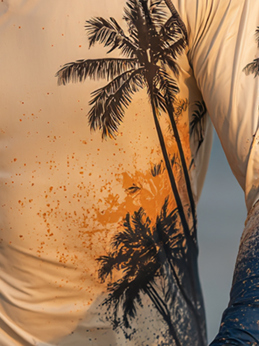 Men's "Beige to Blue Gradient Palm Tree" Print Cool Breathable Hooded-SunSeaUp