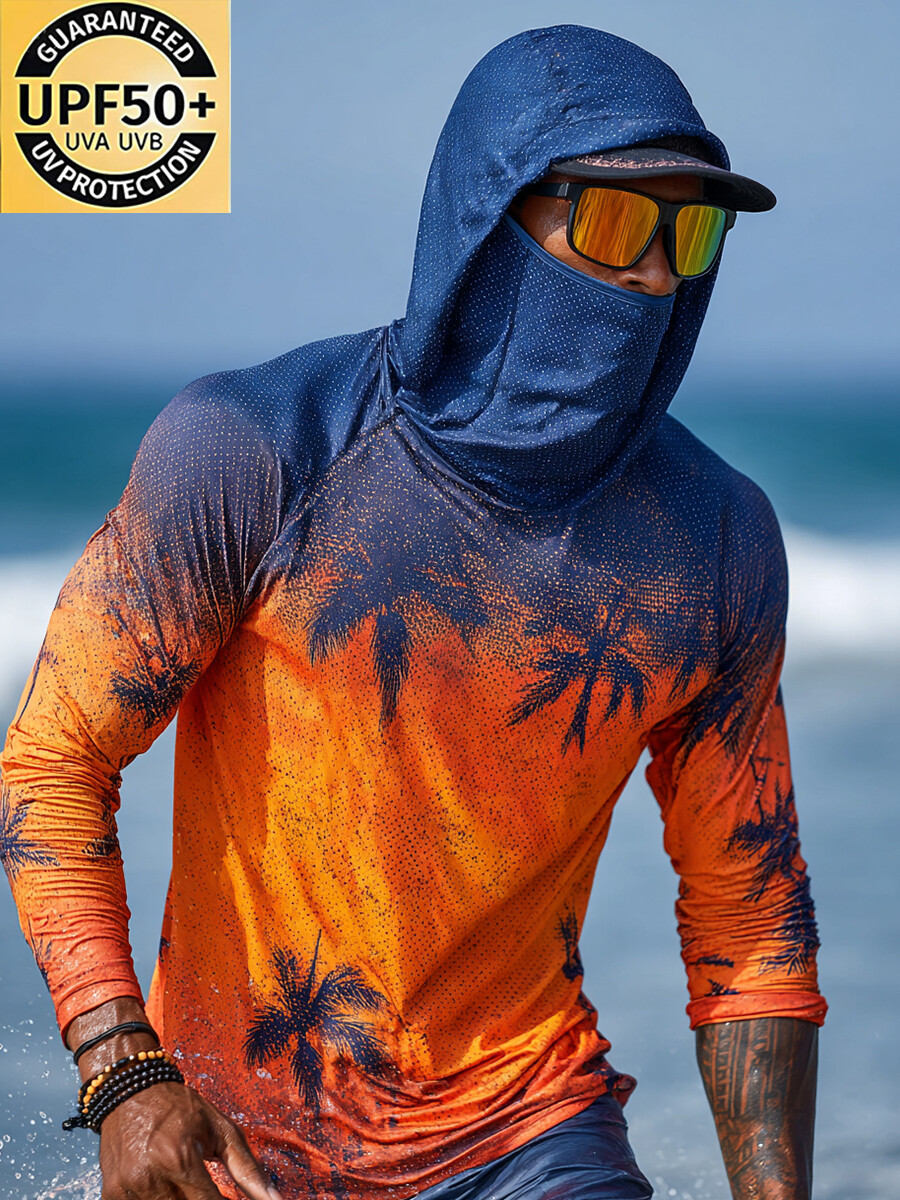 Men's "Navy to Orange Gradient Palm Tree" Print Cool Breathable Hooded-SunSeaUp