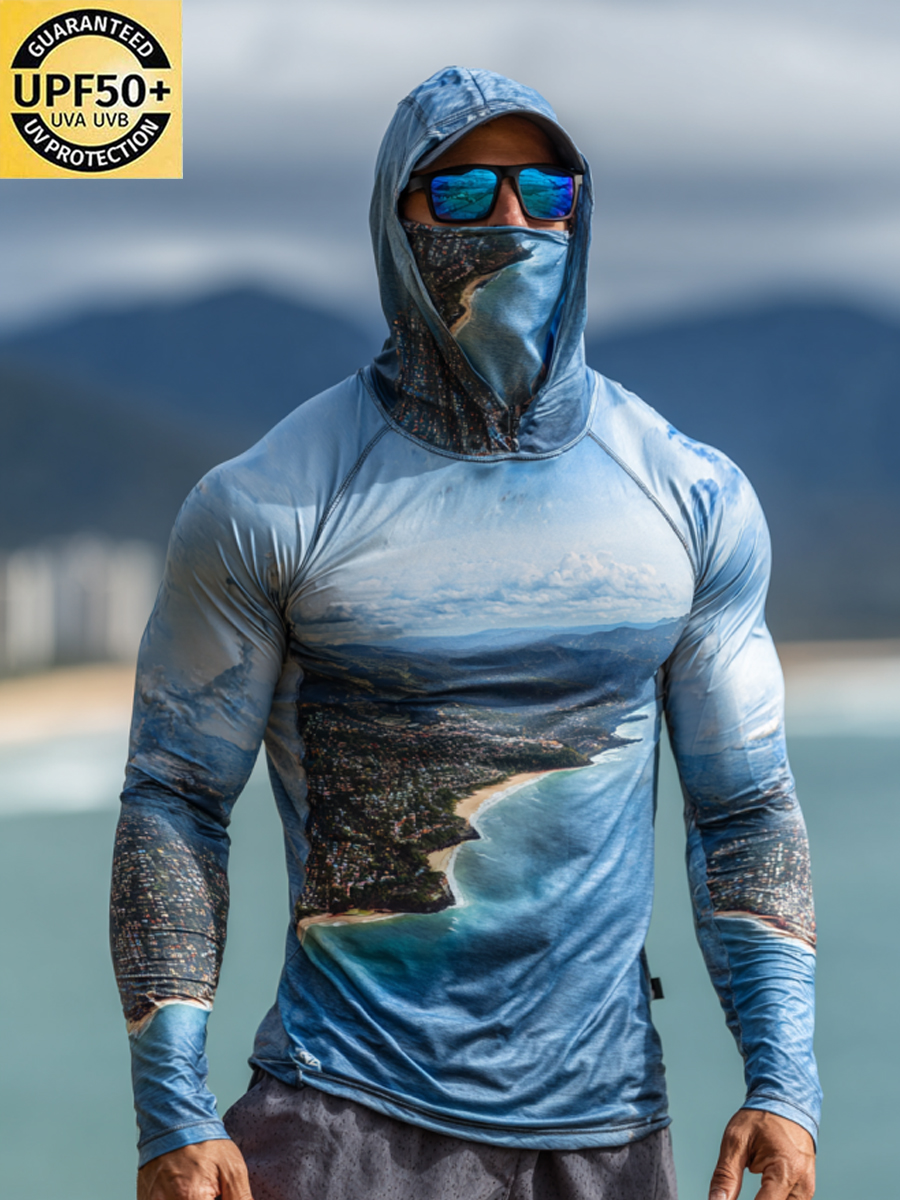 Men'S UPF 50+ Sun Protection Fishing Hoodie With Built-In Face Mask - Beach Scenery Print - Quick-Drying High-Performance Sun Protection Hoodie-SunSeaUp
