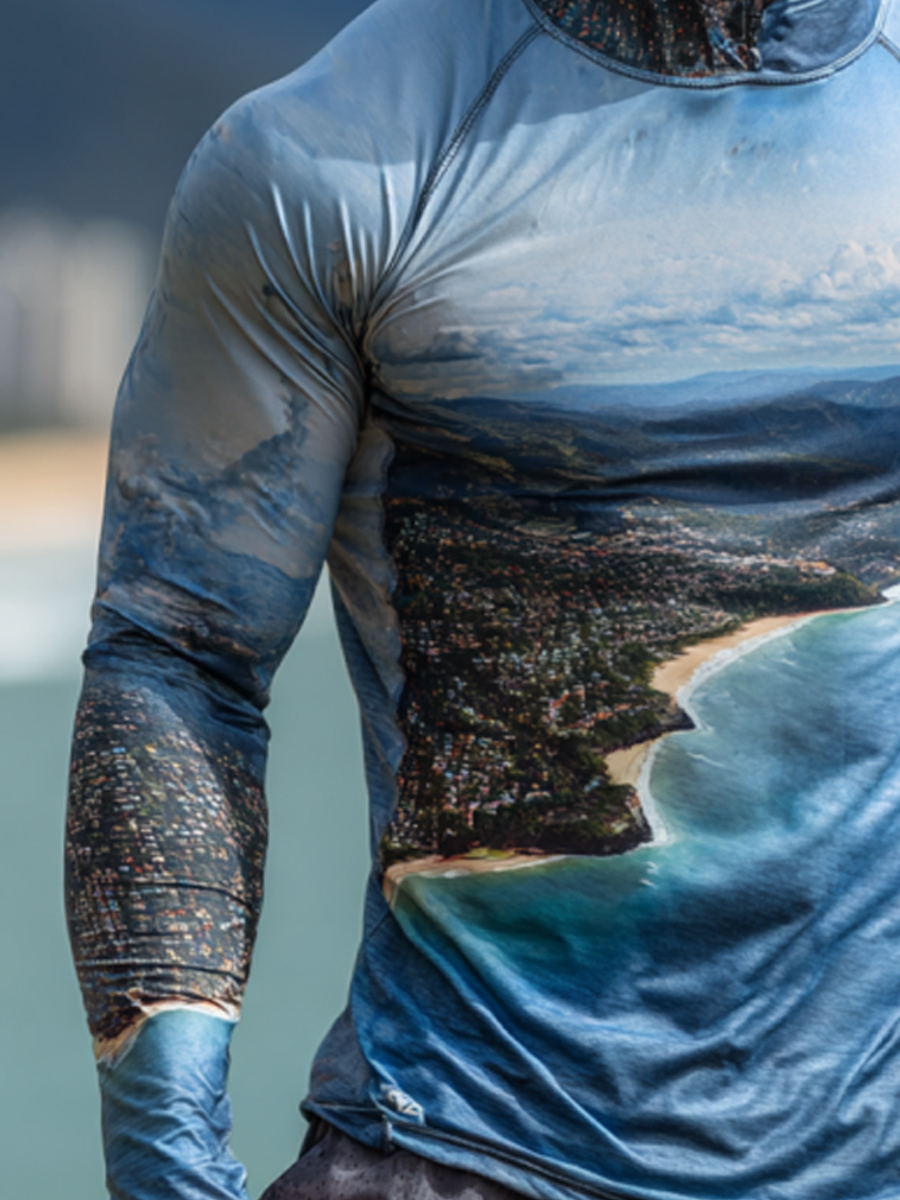 Men'S UPF 50+ Sun Protection Fishing Hoodie With Built-In Face Mask - Beach Scenery Print - Quick-Drying High-Performance Sun Protection Hoodie-SunSeaUp