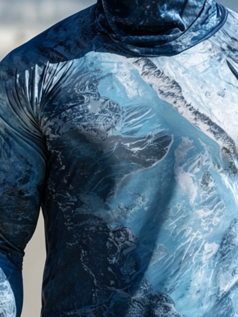 Men's UPF 50+ Sun Protection Fishing Hoodie with Built-in Face Mask - Ocean Landscape Print - Quick-Drying High-Performance Sun Protection Hoodie-SunSeaUp