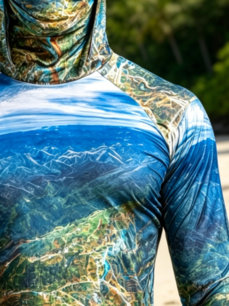 Men'S UPF 50+ Sun Protection Fishing Hoodie With Built-In Face Mask - Outdoor Invisible Landscape Print - Quick-Drying High-Performance Sun Protection Hoodie-SunSeaUp