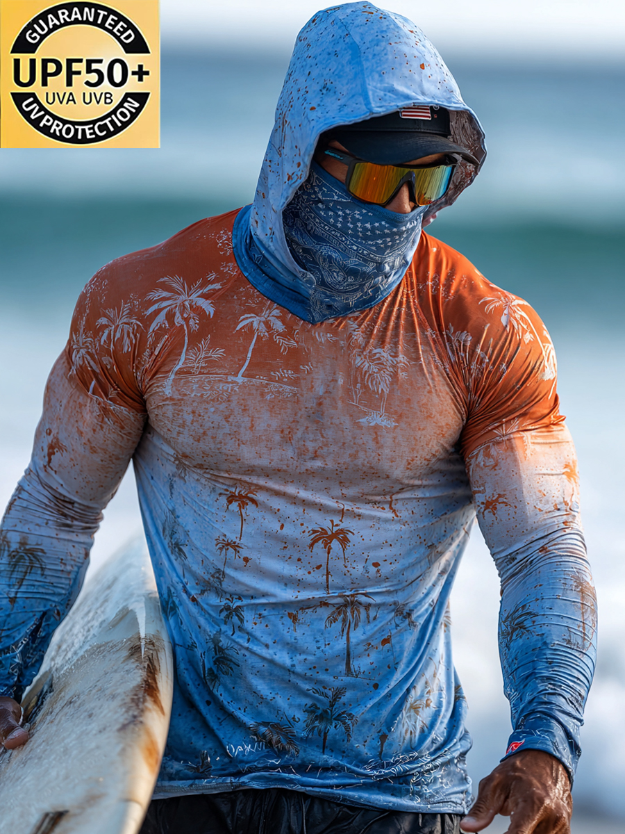 Men's "Orange to Blue Gradient Palm Tree" Print Cool Breathable Hooded-SunSeaUp