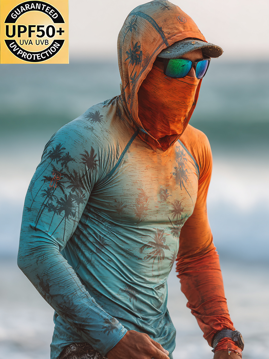 Men's "Teal to Orange Gradient Palm Tree" Print Cool Breathable Hooded-SunSeaUp
