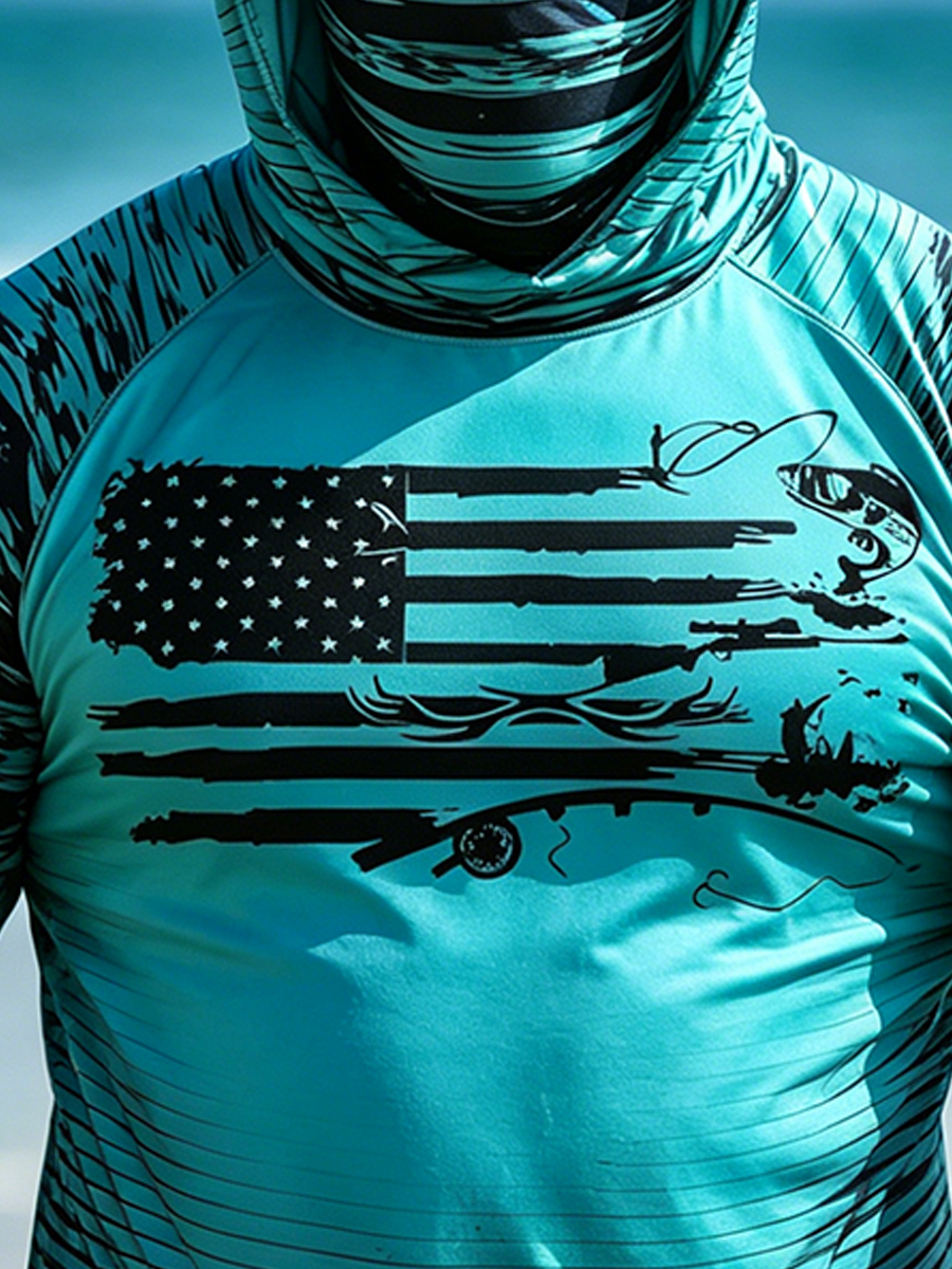 Men'S Big & Tall American Flag Fishing Print Cool Breathable Teal Hooded-SunSeaUp
