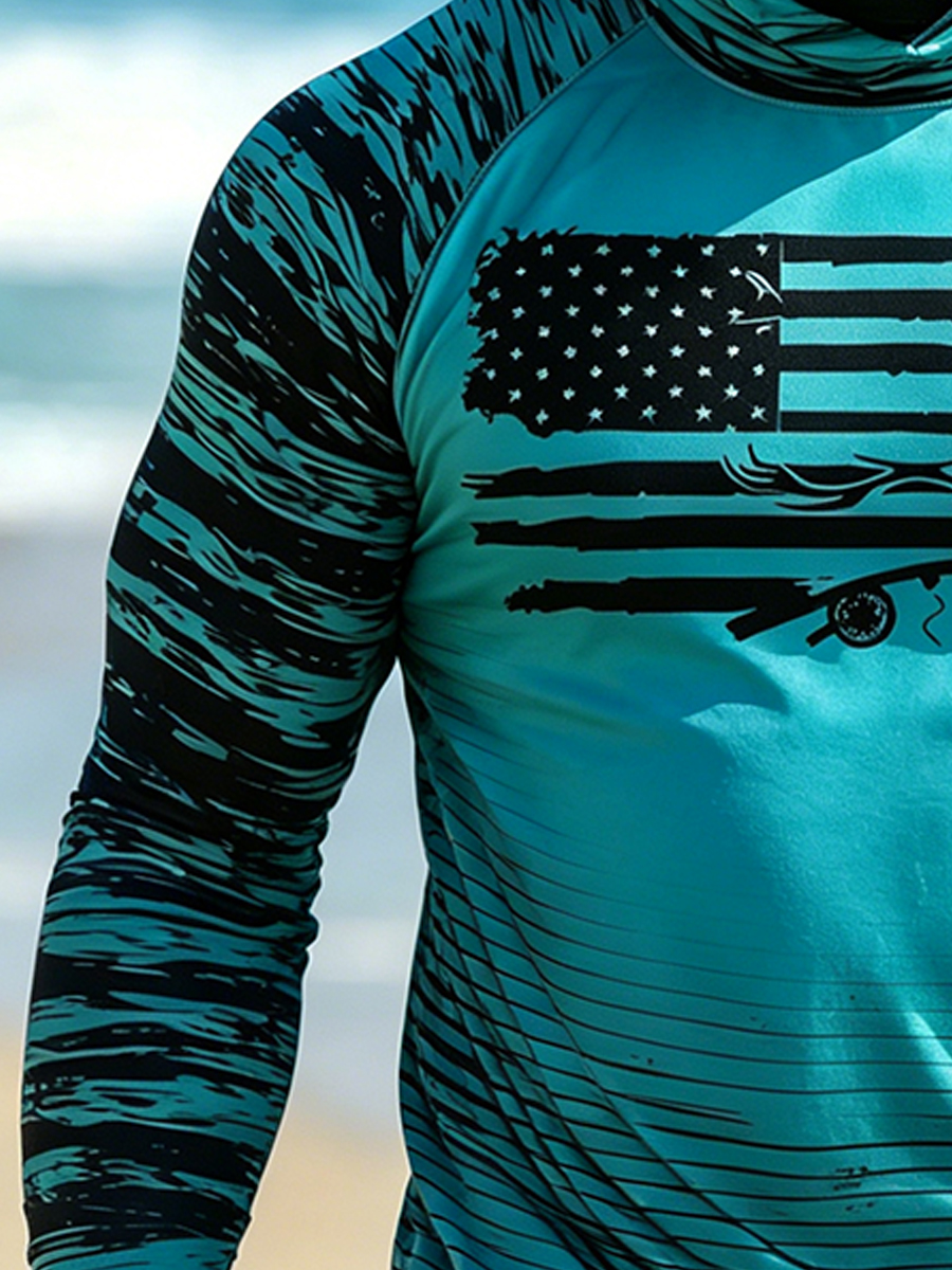 Men'S Big & Tall American Flag Fishing Print Cool Breathable Teal Hooded-SunSeaUp